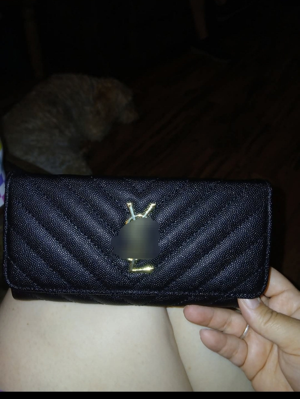 Quilted Black Wallet with Gold Logo Detail